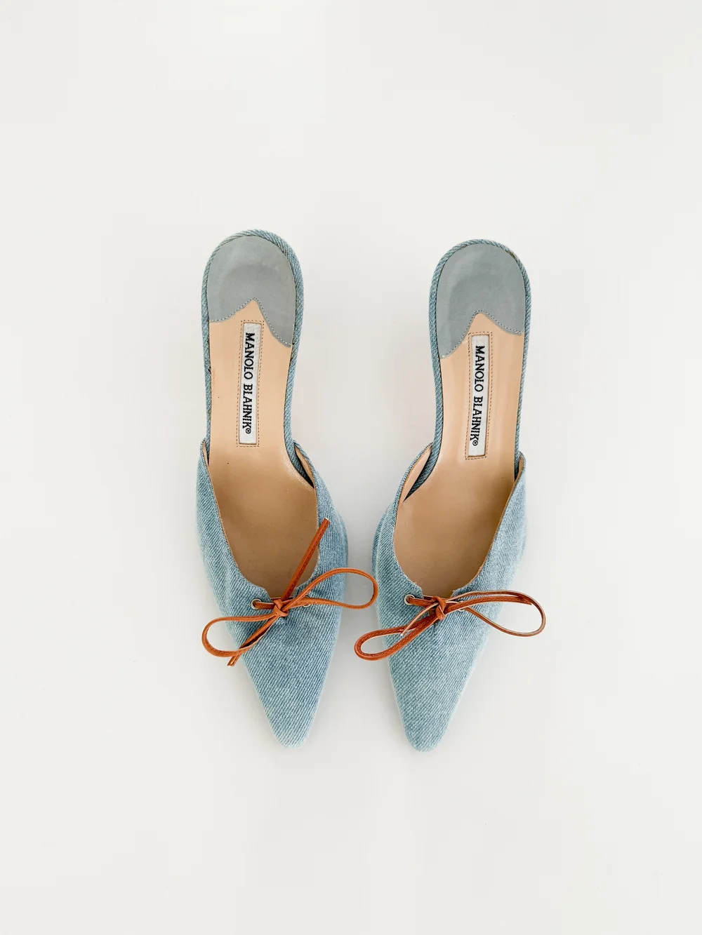 Manolo Blahnik Denim Bow Kitten Mule Heels (US 7.5 / IT 37.5